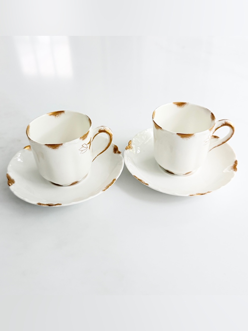 Haviland Limoges antique Espresso Demitasse Cups Saucers thin Gold Gilt 2 Set